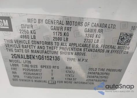 2016 Chevrolet Equinox Ls z USA, uszkodzony, nr VIN 2GNALBEK1G6152136